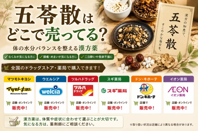 五苓散はどこで売ってる？マツキヨ・ウエルシア・ドンキなどドラッグストアの取り扱いと通販まとめ